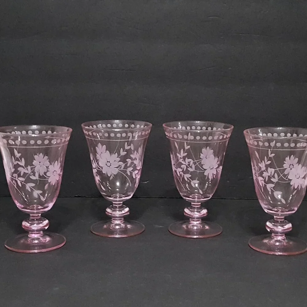 NEW RARE Williams Sonoma Set of 4 Pink Vintage Etched Goblets 9.25 OZ NIB